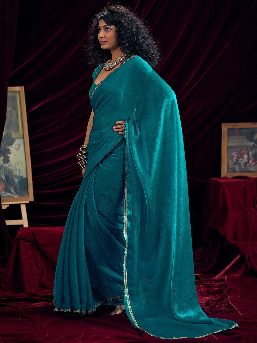 Classic Rama Blue Solid Art Silk Saree Featuring Sequins Embroidery & Gota Patti Lace Border - Image 4
