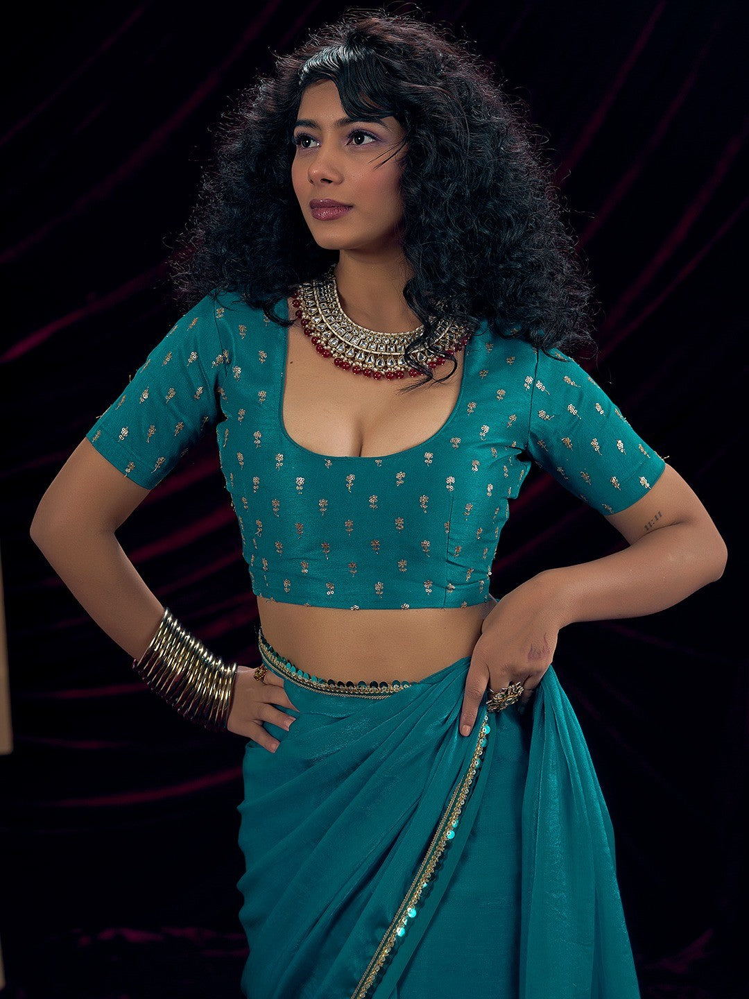 Classic Rama Blue Solid Art Silk Saree Featuring Sequins Embroidery & Gota Patti Lace Border - Image 5