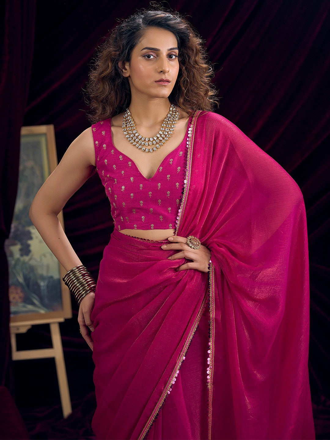 Classic Pink Solid Art Silk Saree Featuring Sequins Embroidery & Gota Patti Lace Border - Image 4
