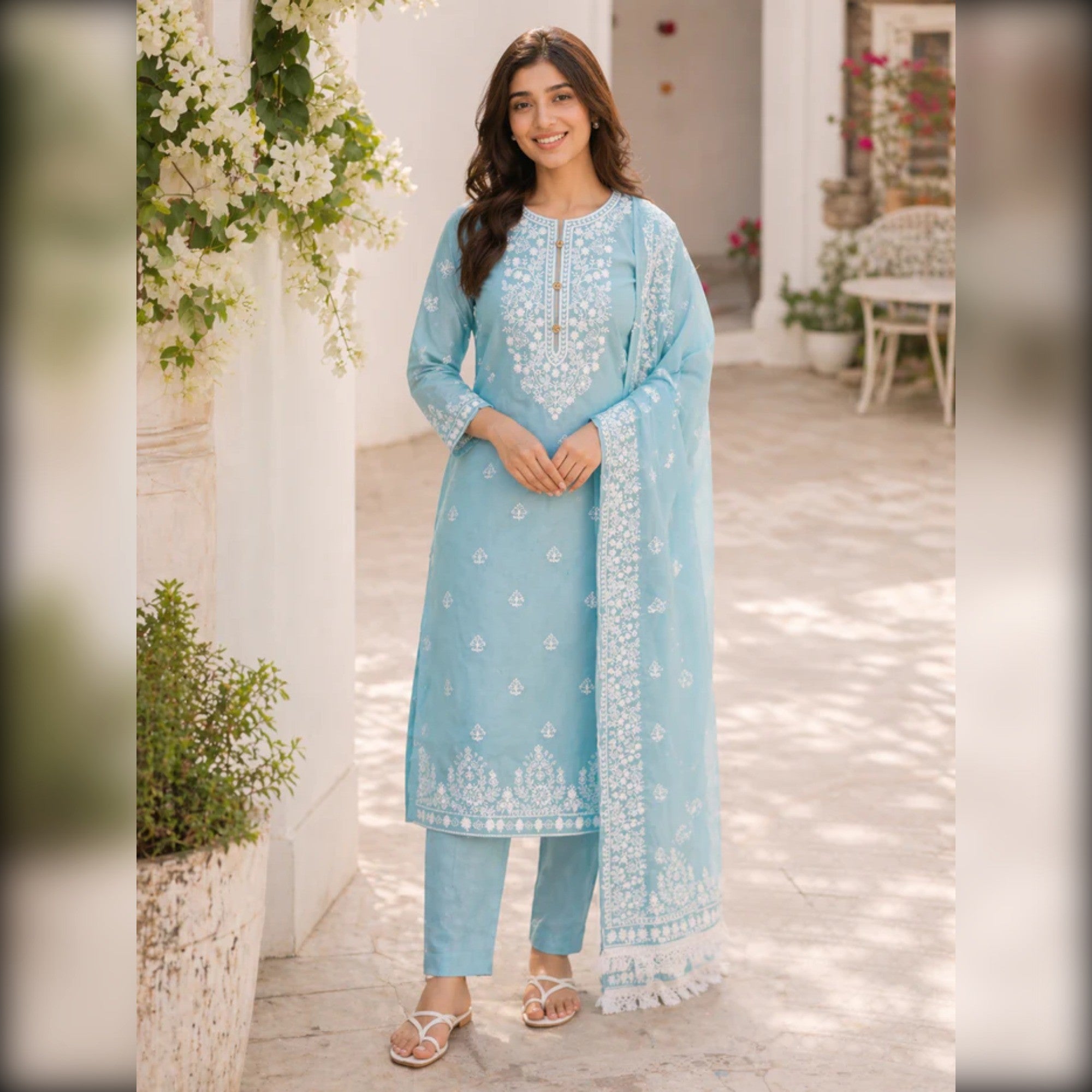 Sky Blue Floral Embroidered Modal Dress Material - Image 1