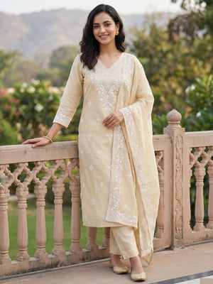 Traditional Cream Chanderi Silk Suit Fabric with Embroidered Floral Patterns - Image 1