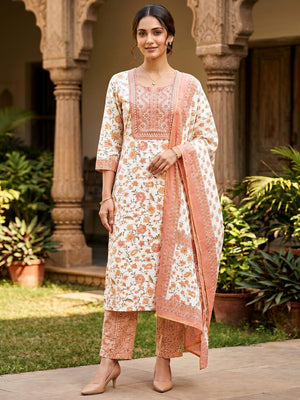 Offwhite Floral Cotton Salwar Suit Set Soft Comfortable Ethnic Wear - Image 1