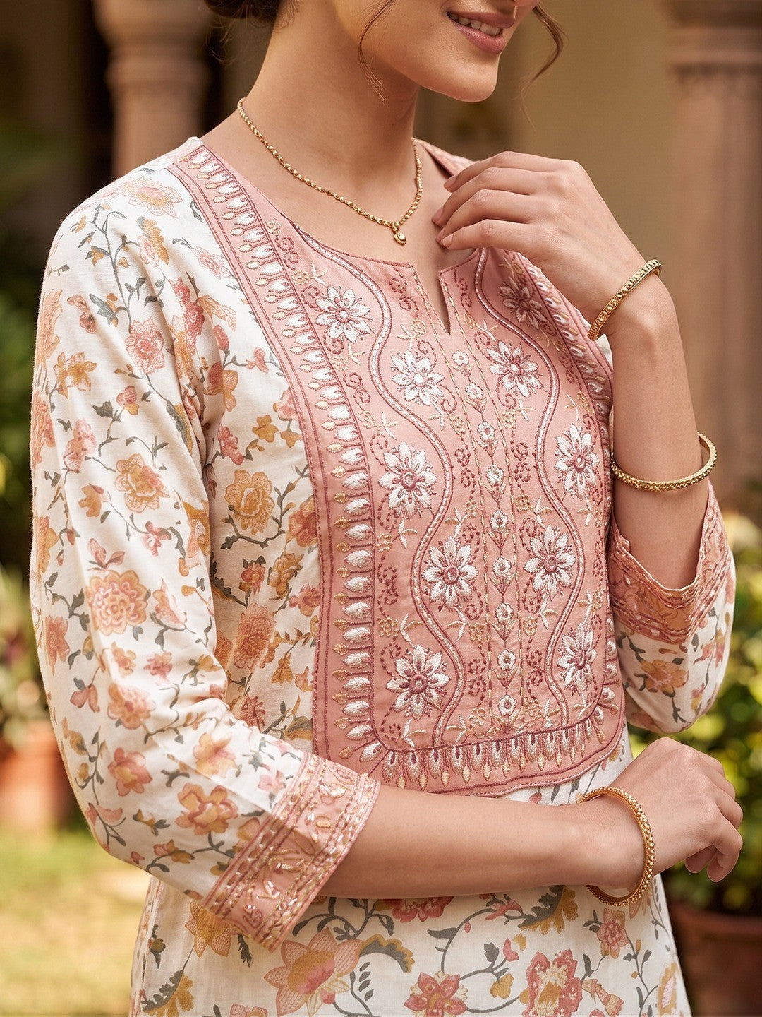 Offwhite Floral Cotton Salwar Suit Set Soft Comfortable Ethnic Wear - Image 3