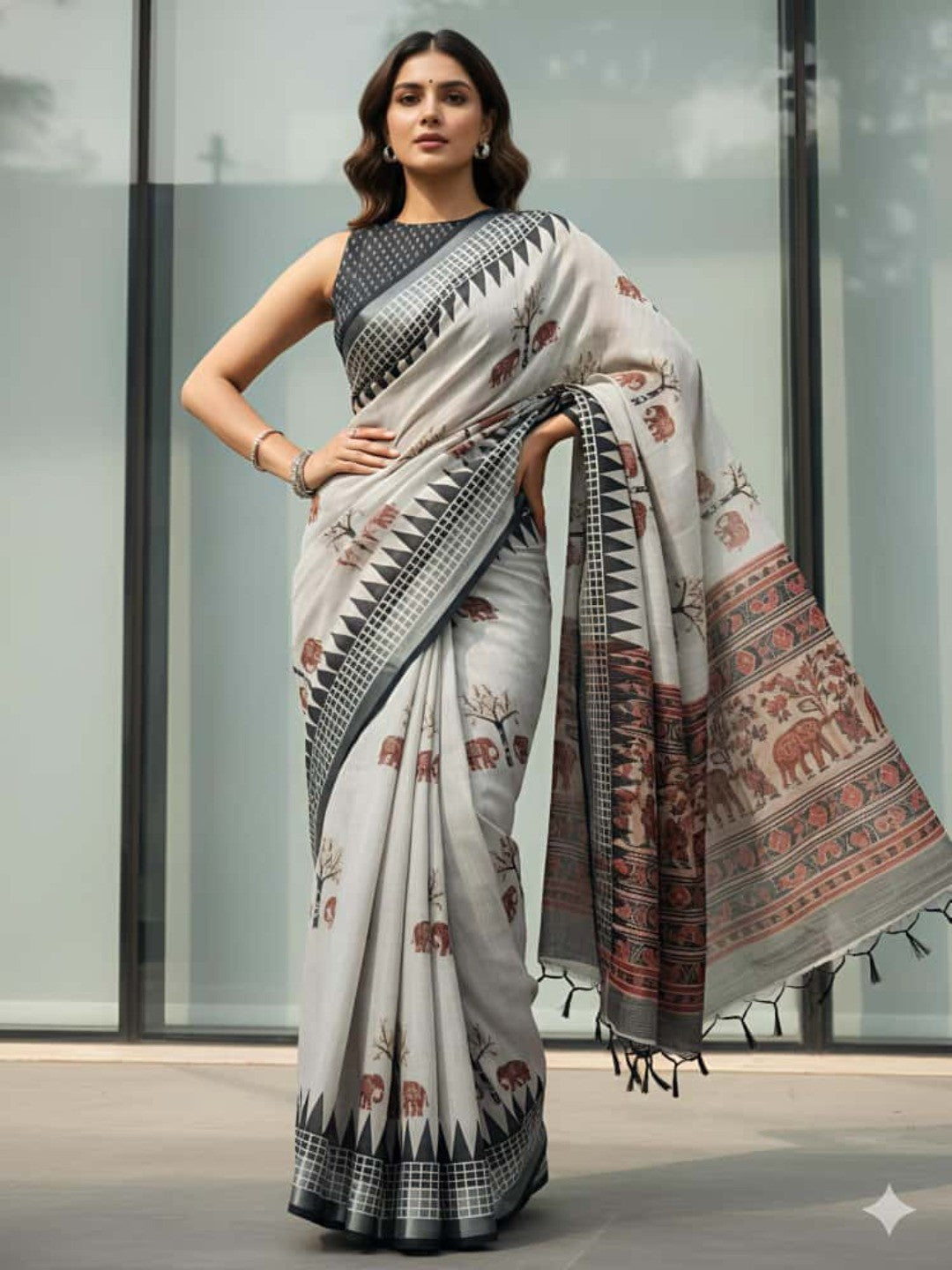 Elegant Grey Linen Saree With Elephant Print and Zig Zag Geometric Border - Image 1
