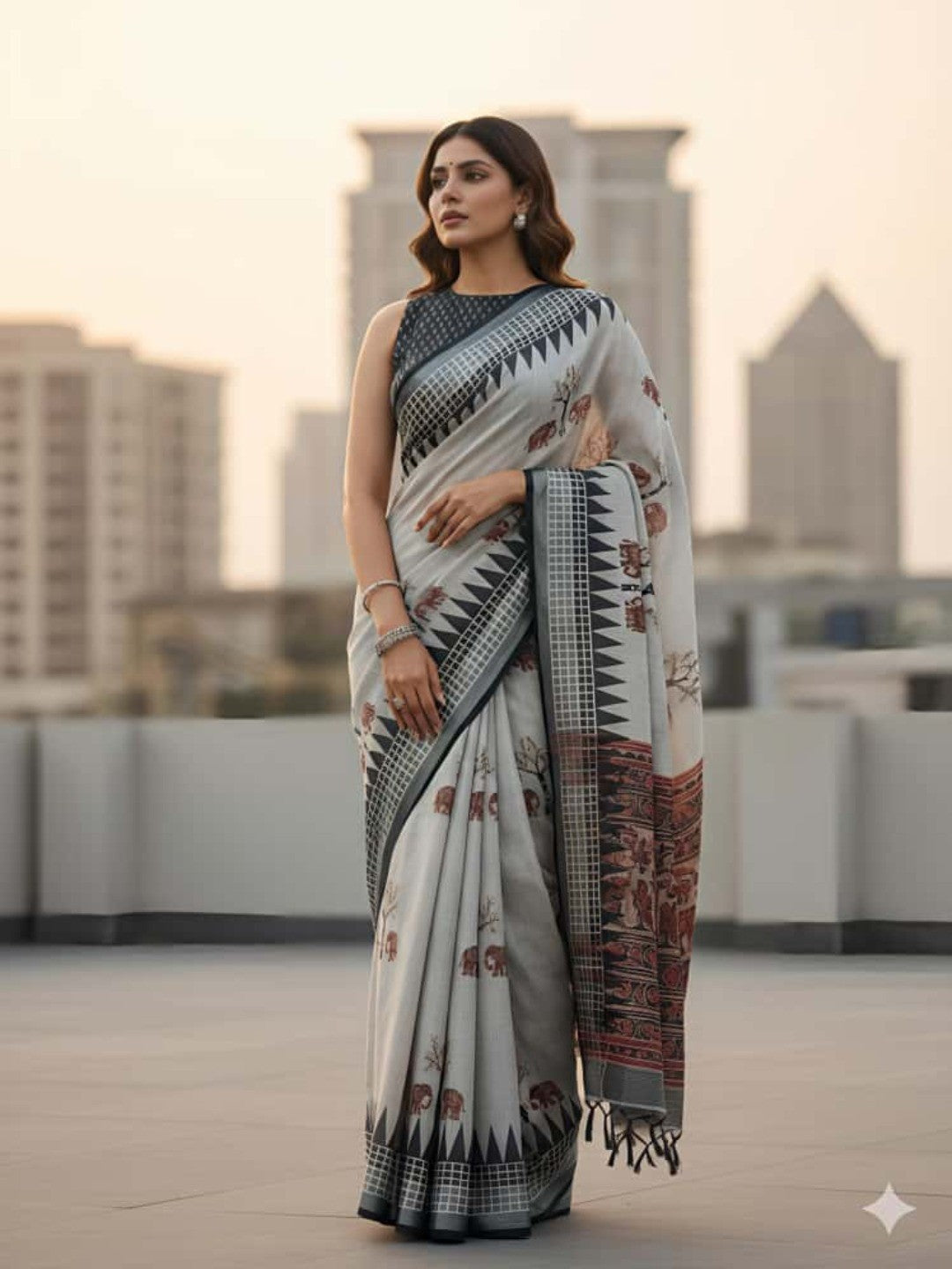 Elegant Grey Linen Saree With Elephant Print and Zig Zag Geometric Border - Image 2