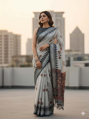 Elegant Grey Linen Saree With Elephant Print and Zig Zag Geometric Border - Image 2