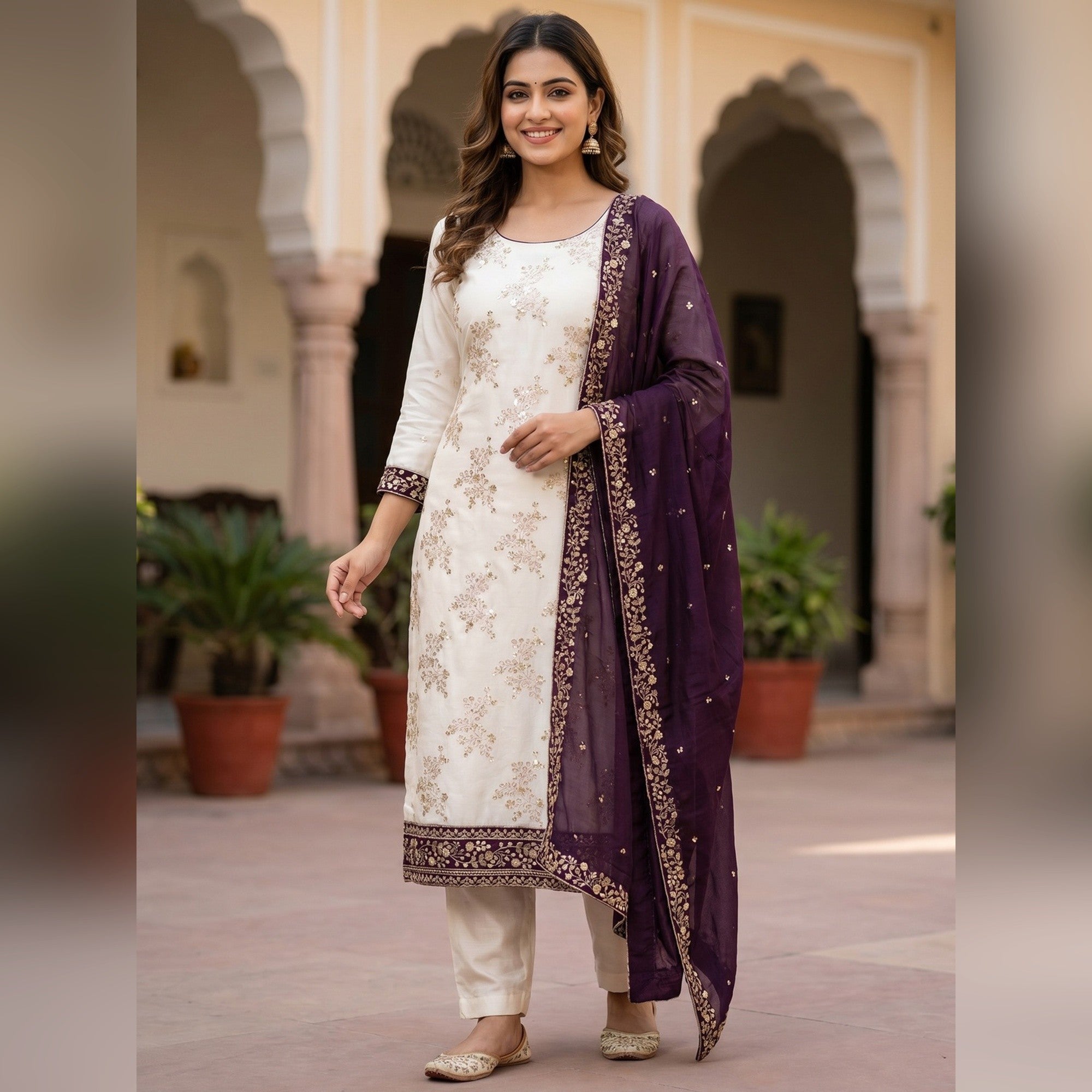 Purple and Off White Vichitra Silk Fabric with Embroidered Detailing - Image 2