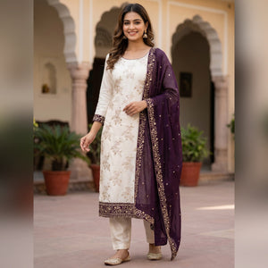 Purple and Off White Vichitra Silk Fabric with Embroidered Detailing - Image 1