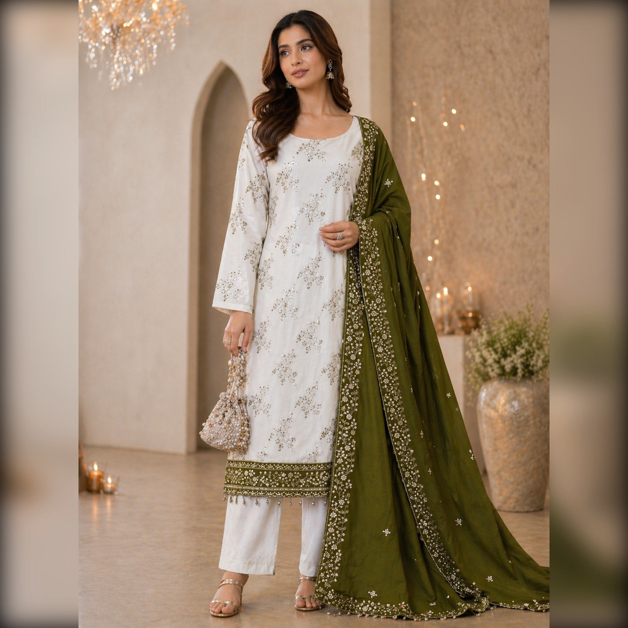 Green and Off White Vichitra Silk Fabric with Embroidered Detailing - Image 2