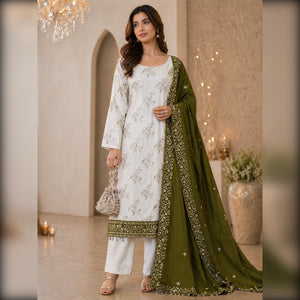 Green and Off White Vichitra Silk Fabric with Embroidered Detailing - Image 1