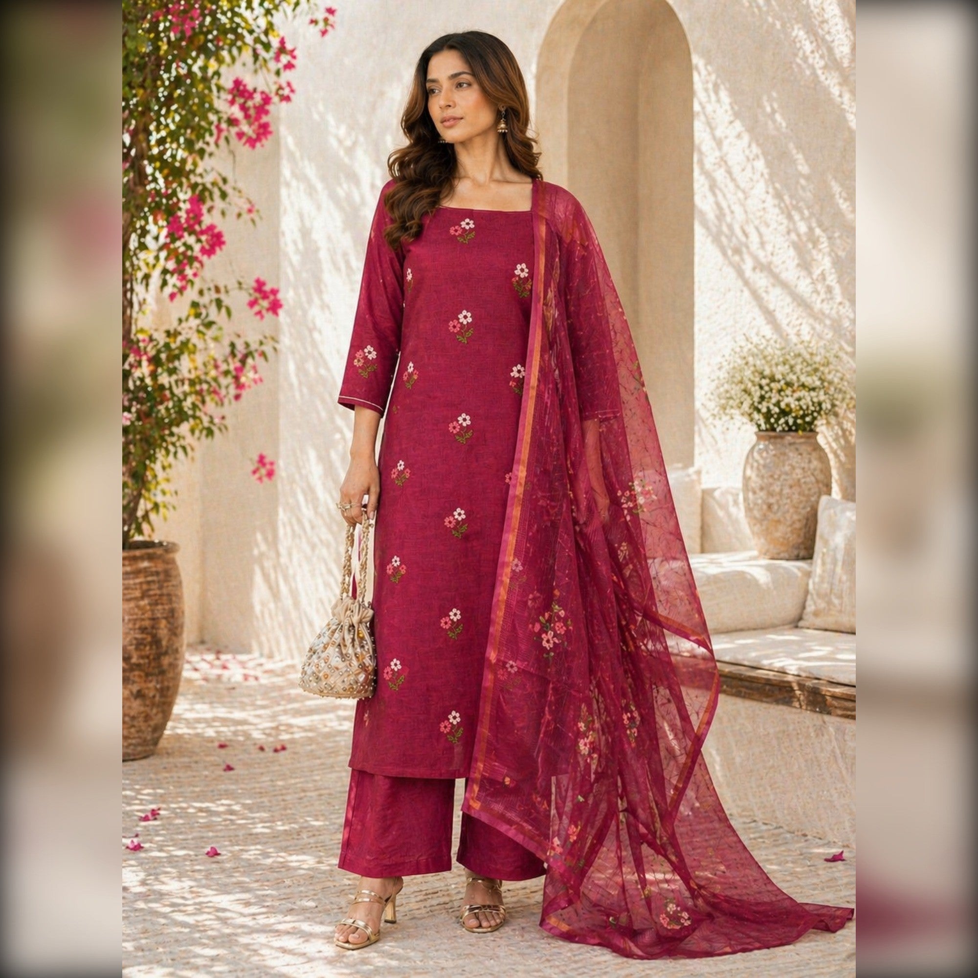 Unstitched Maroon Suit Set in Soft Kota Doria Adorned with Floral Embroidery - Image 1