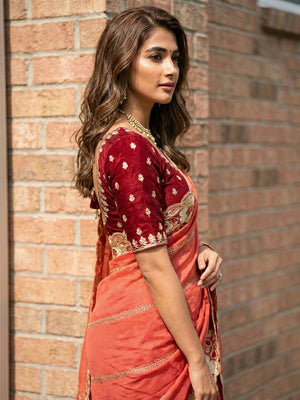Sophisticated Coral Pink Striped Pattern Georgette Saree With Floral Thread Embroidered Border - Image 2