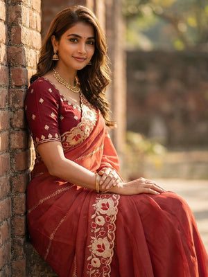 Sophisticated Coral Pink Striped Pattern Georgette Saree With Floral Thread Embroidered Border - Image 2