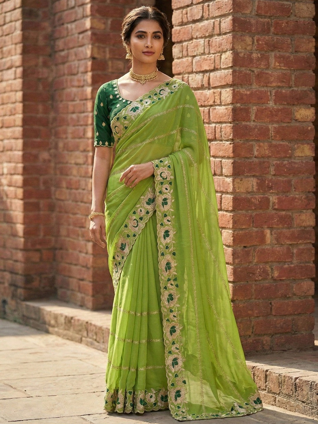 Sophisticated Green Striped Pattern Georgette Saree With Floral Thread Embroidered Border - Image 1