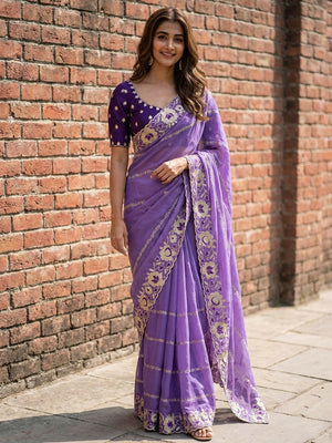 Sophisticated Lavender Striped Pattern Georgette Saree With Floral Thread Embroidered Border - Image 1