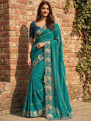 Sophisticated Teal Striped Pattern Georgette Saree With Floral Thread Embroidered Border - Image 1