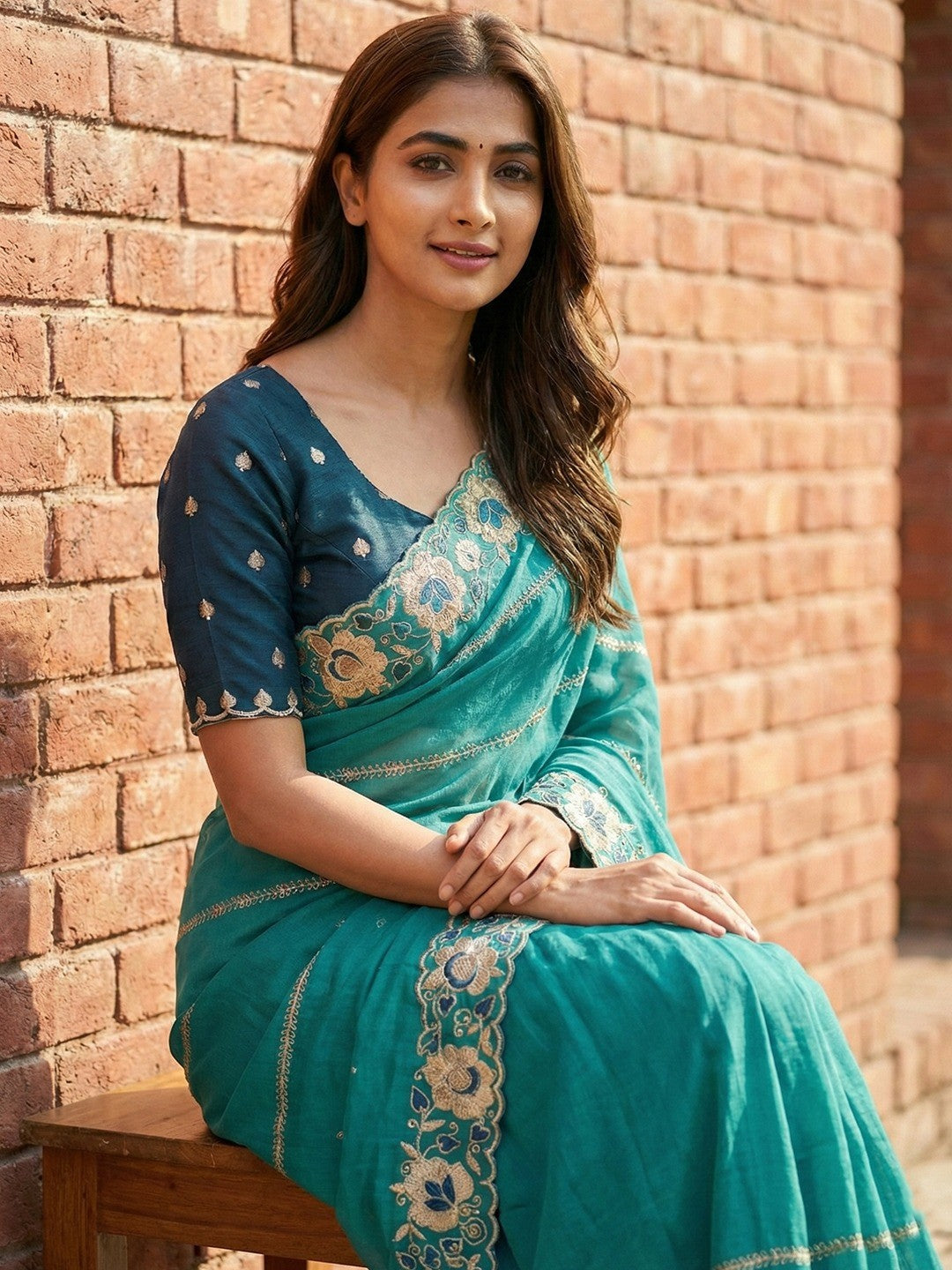 Sophisticated Teal Striped Pattern Georgette Saree With Floral Thread Embroidered Border - Image 2