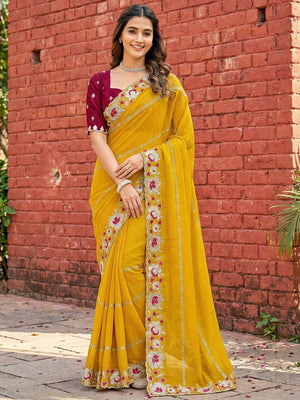 Sophisticated Yellow Striped Pattern Georgette Saree With Floral Thread Embroidered Border - Image 1