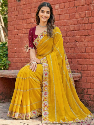 Sophisticated Yellow Striped Pattern Georgette Saree With Floral Thread Embroidered Border - Image 2