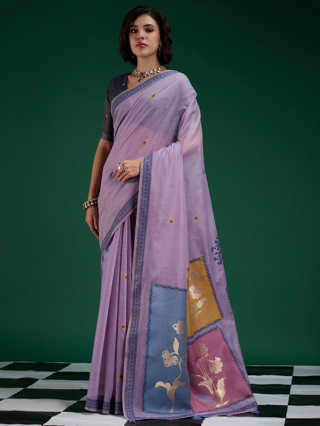 Designer Light Lavender Jamdani Cotton Silk Saree With Floral Zari Weaving & Tassel Pallu - Image 1