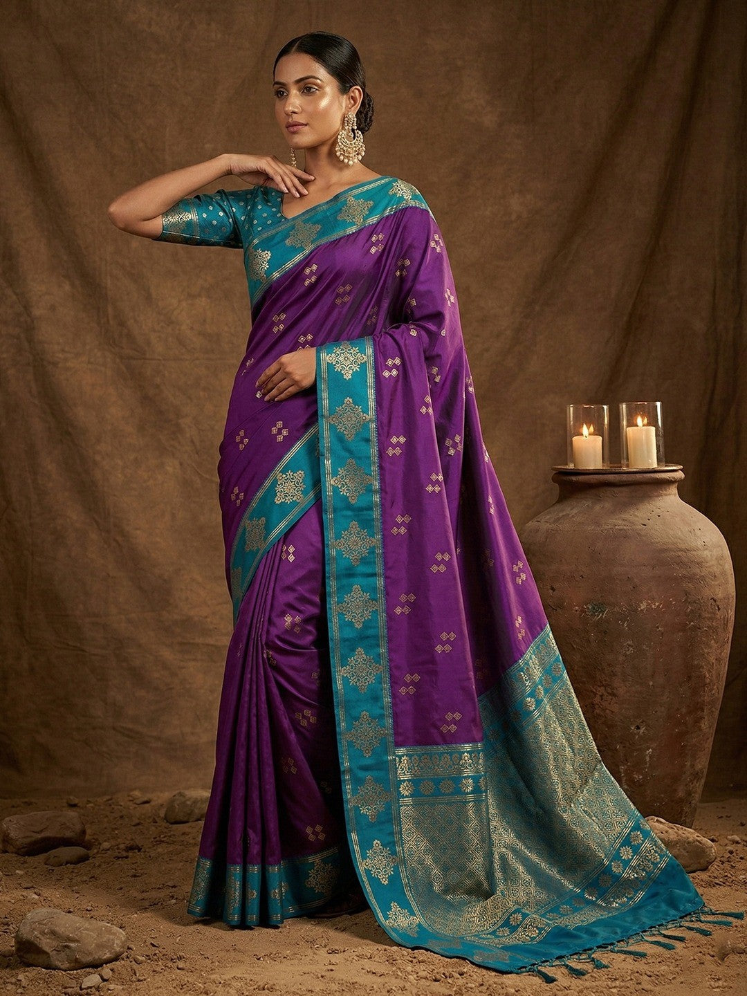 Elegant Violet Silk Blend Saree with Zari Weaving and Tassel Pallu - Image 1