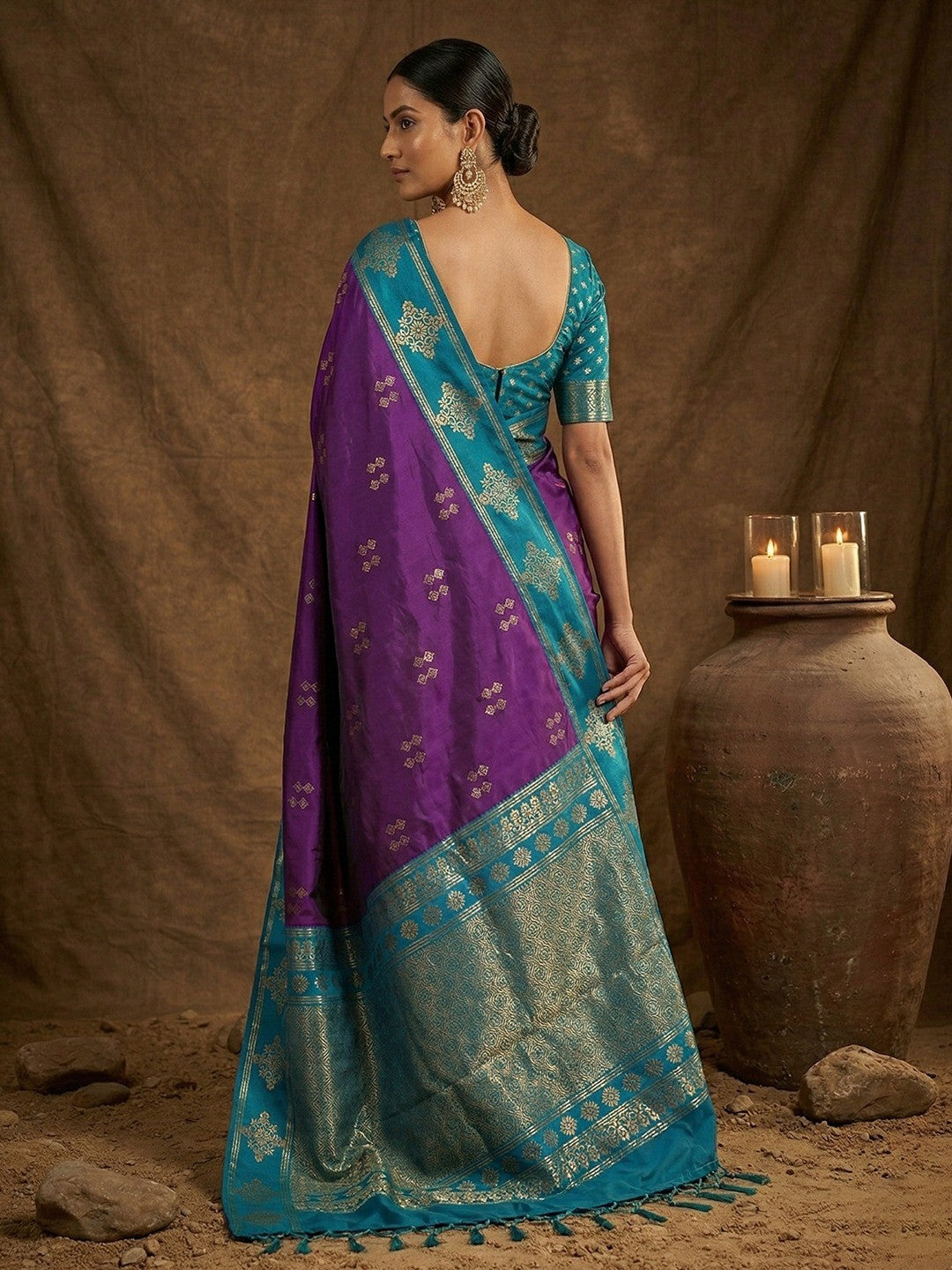 Elegant Violet Silk Blend Saree with Zari Weaving and Tassel Pallu - Image 4