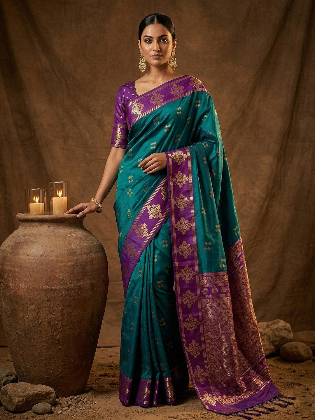 Elegant Teal Floral Motif Silk Blend Saree Featuring Intricate Zari Weaving With Tassel Pallu - Image 1