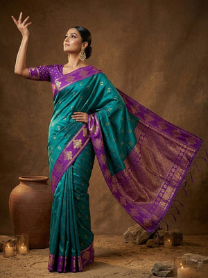 Elegant Teal Floral Motif Silk Blend Saree Featuring Intricate Zari Weaving With Tassel Pallu - Image 2
