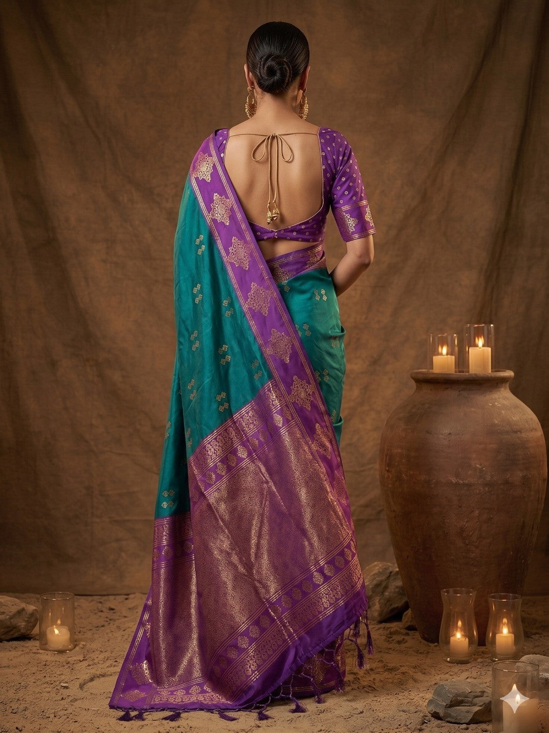 Elegant Teal Floral Motif Silk Blend Saree Featuring Intricate Zari Weaving With Tassel Pallu - Image 4
