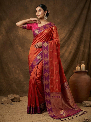 Elegant Orange Silk Blend Saree with Zari Work Border - Image 1