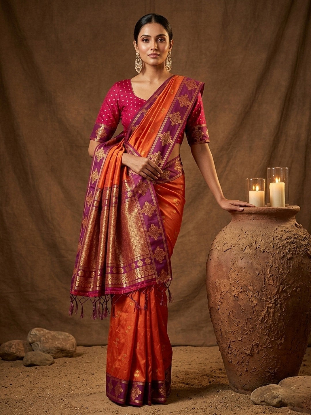 Elegant Orange Silk Blend Saree with Zari Work Border - Image 4