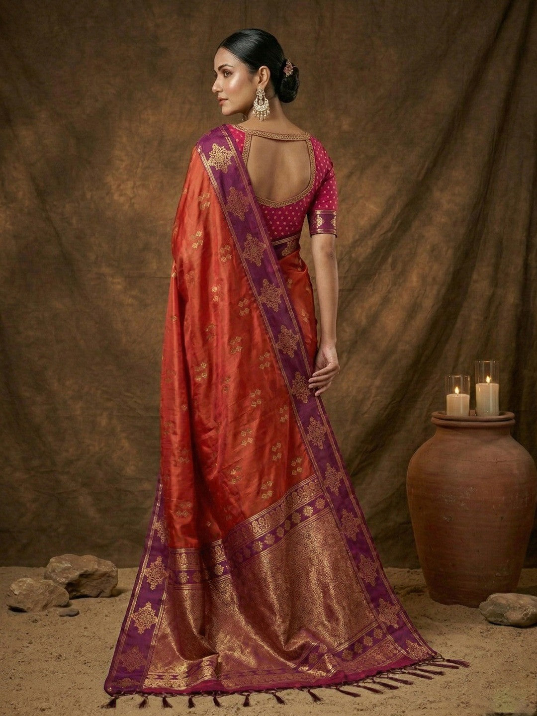 Elegant Orange Silk Blend Saree with Zari Work Border - Image 3