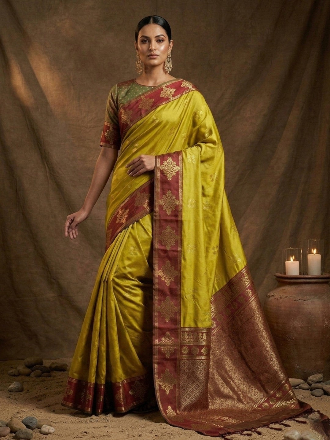 Designer Mustard Silk Blend Saree with Zari Work Border Modern Ethnic Style - Image 1