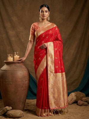 Elegant Red Floral Motif Silk Blend Saree Featuring Intricate Zari Weaving With Tassel Pallu - Image 1
