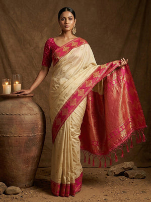 Elegant Cream Floral Motif Silk Blend Saree Featuring Intricate Zari Weaving With Tassel Pallu - Image 1