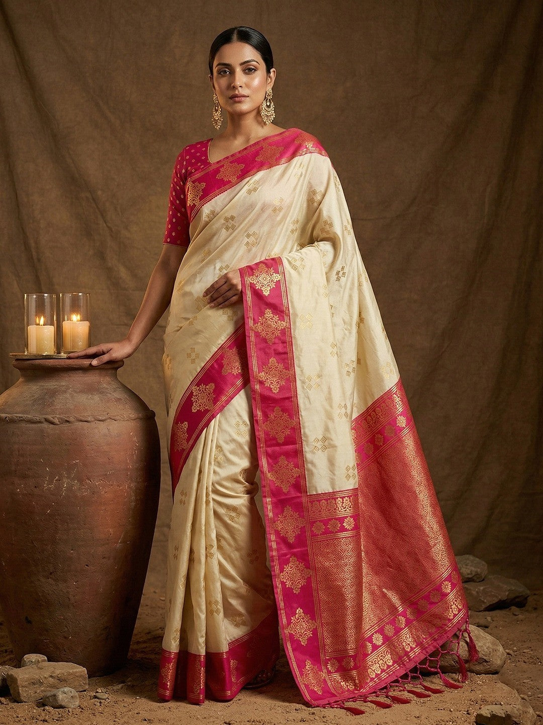 Elegant Cream Floral Motif Silk Blend Saree Featuring Intricate Zari Weaving With Tassel Pallu - Image 6