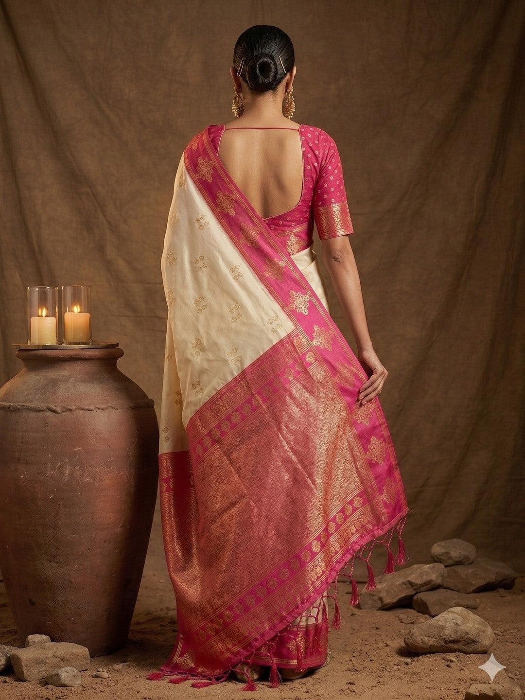 Elegant Cream Floral Motif Silk Blend Saree Featuring Intricate Zari Weaving With Tassel Pallu - Image 3