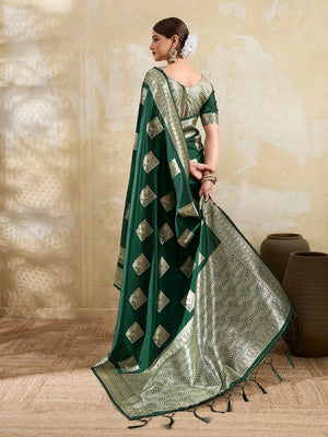 Green Peacock & Floral Motif Zari Weaving Silk Blend Saree With Unstitched Blouse Peice - Image 2