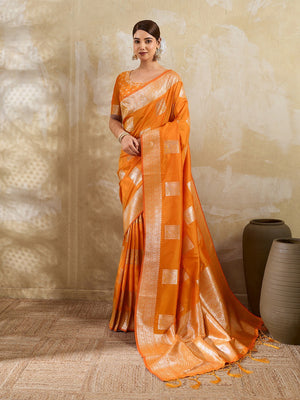 Designer Orange Peacock & Floral Motif Silk Blend Saree Crafted With Elegant Zari Weaving Work - Image 1