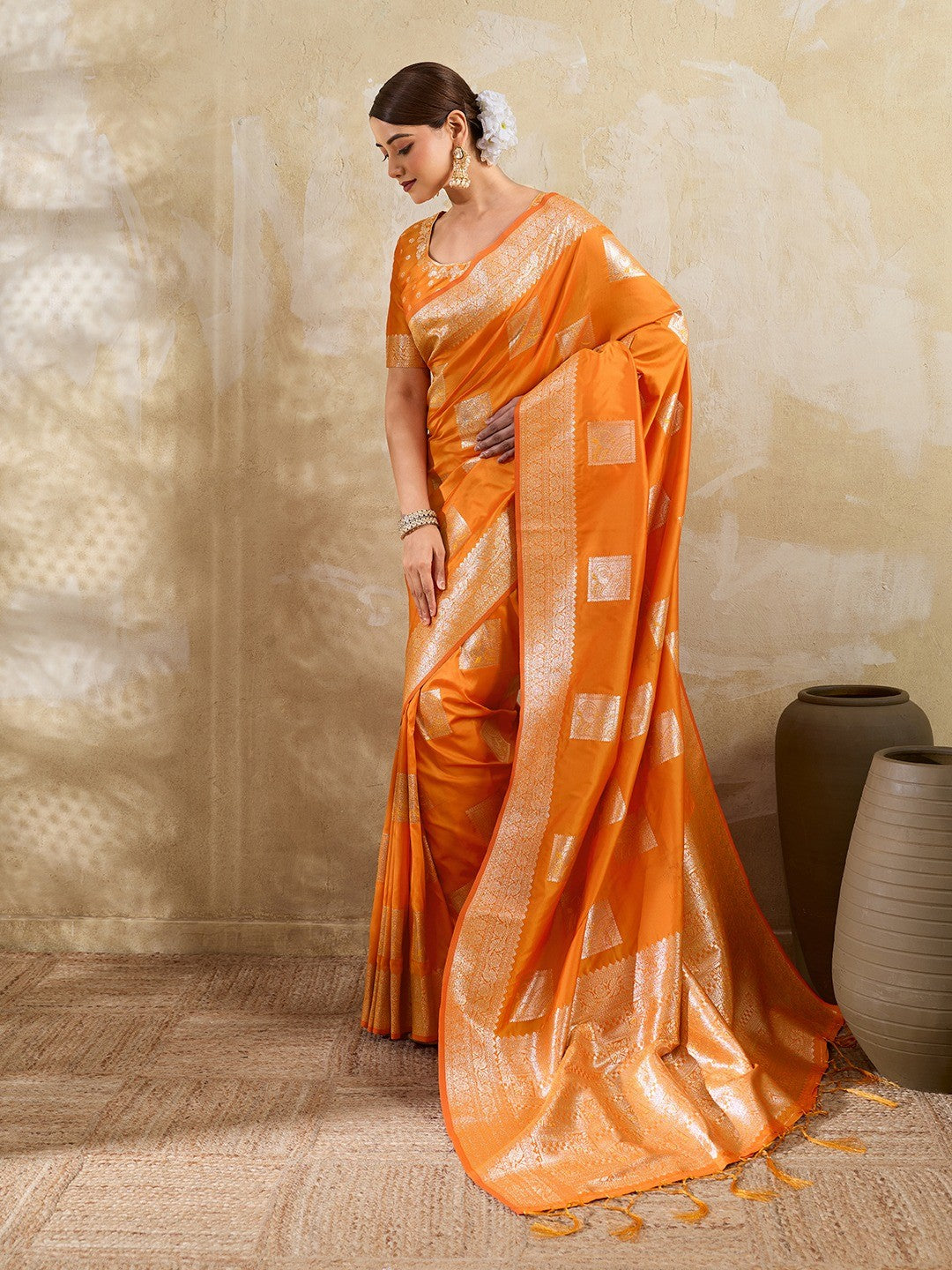 Designer Orange Peacock & Floral Motif Silk Blend Saree Crafted With Elegant Zari Weaving Work - Image 3