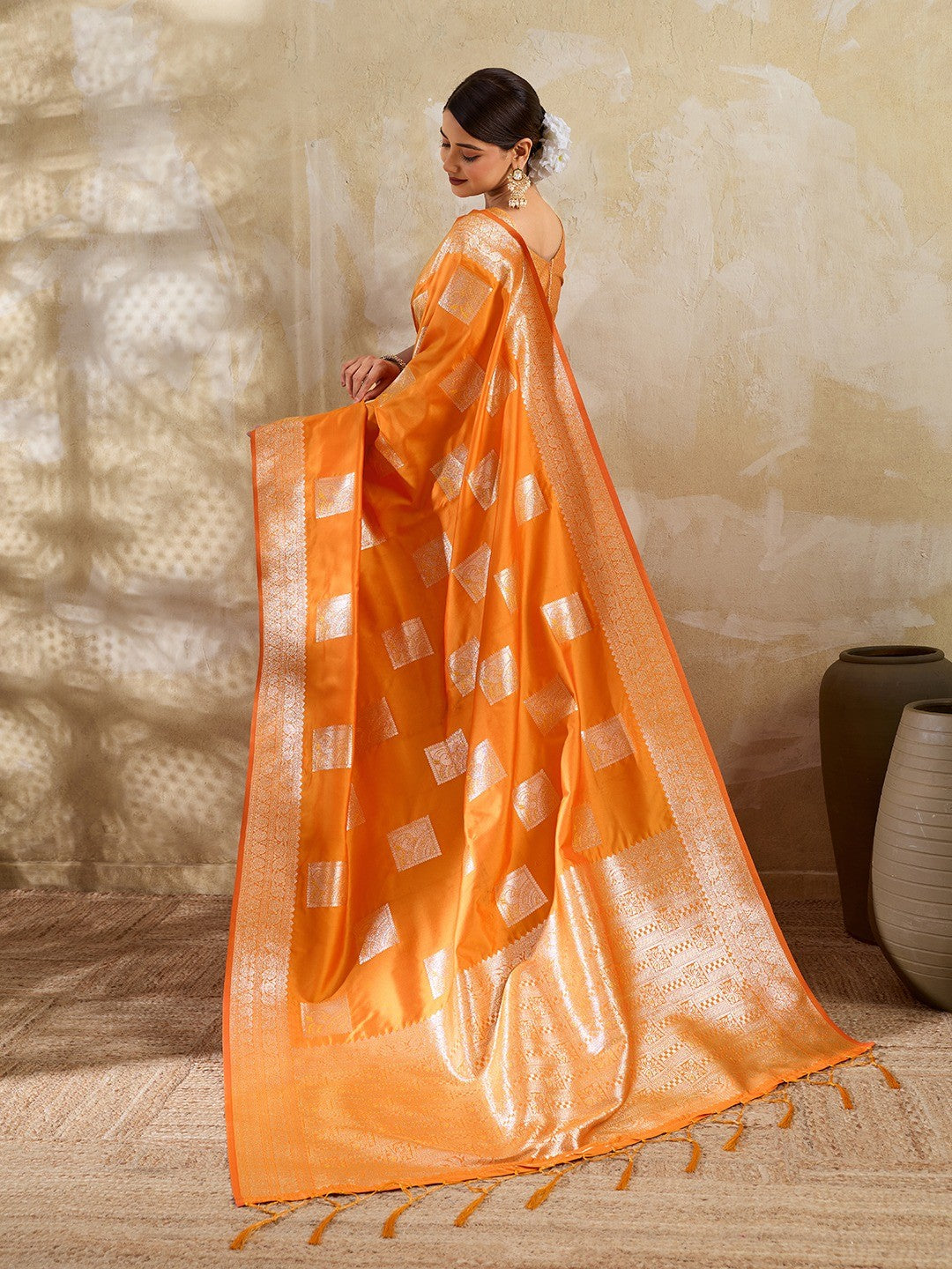 Designer Orange Peacock & Floral Motif Silk Blend Saree Crafted With Elegant Zari Weaving Work - Image 4