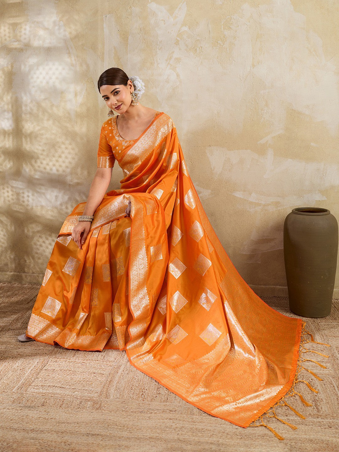 Designer Orange Peacock & Floral Motif Silk Blend Saree Crafted With Elegant Zari Weaving Work - Image 5