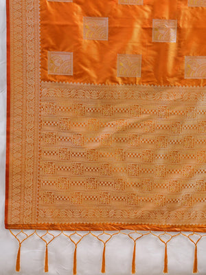 Designer Orange Peacock & Floral Motif Silk Blend Saree Crafted With Elegant Zari Weaving Work - Image 2