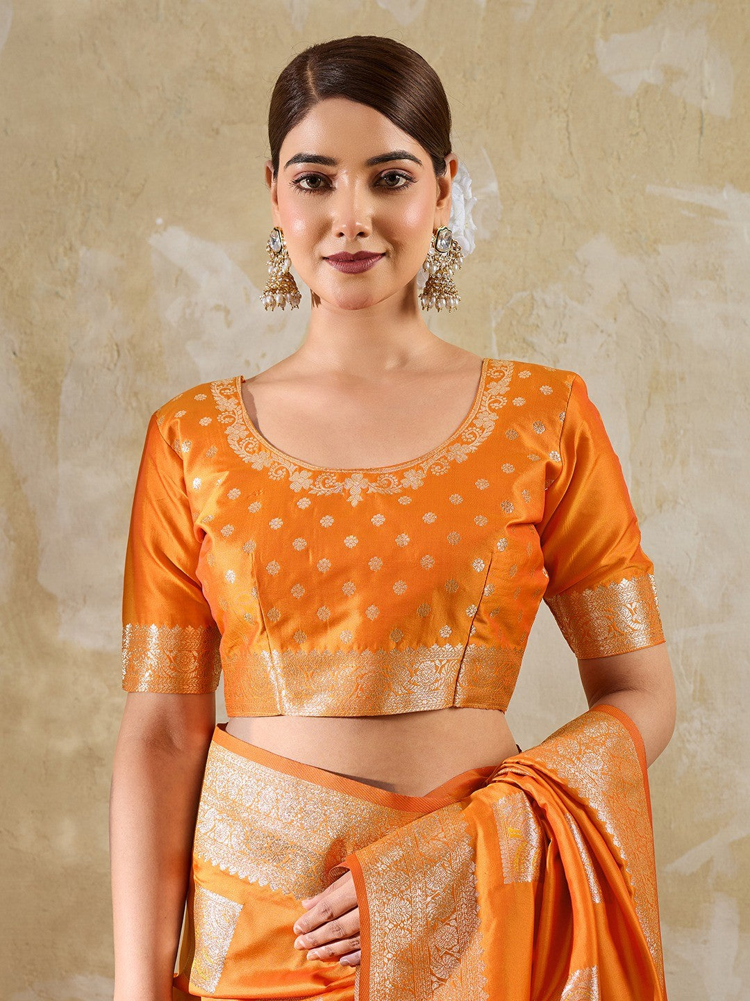 Designer Orange Peacock & Floral Motif Silk Blend Saree Crafted With Elegant Zari Weaving Work - Image 6