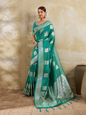 Sea Green Silk Blend Saree with Delicate Zari Work Lightweight Festive Style - Image 1