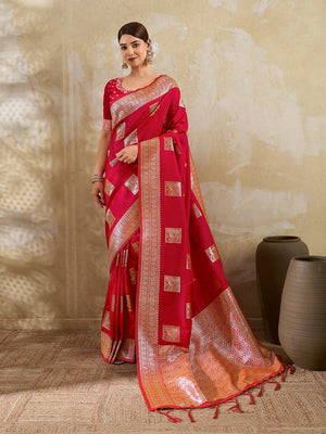 Designer Red Peacock & Floral Motif Silk Blend Saree Crafted With Elegant Zari Weaving Work - Image 1