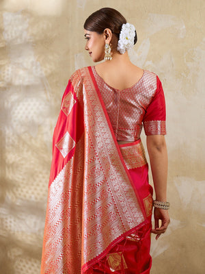 Designer Red Peacock & Floral Motif Silk Blend Saree Crafted With Elegant Zari Weaving Work - Image 2