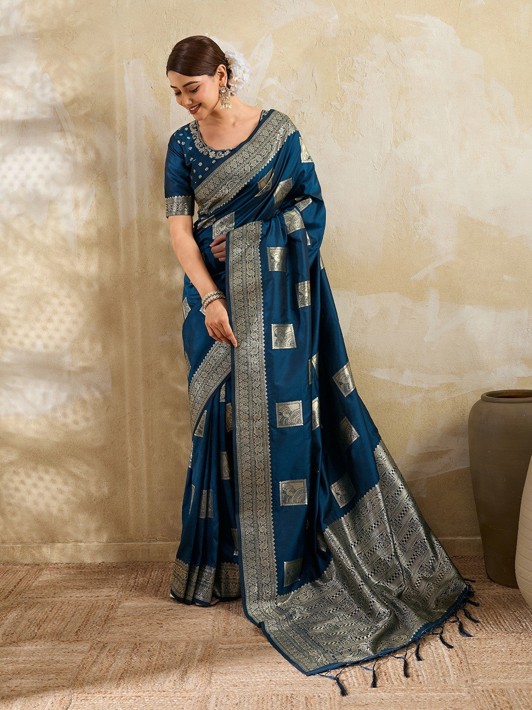 Designer Blue Peacock & Floral Motif Silk Blend Saree Crafted With Elegant Zari Weaving Work - Image 1