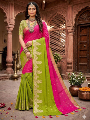 Multicolor Chinon Saree with Woven Zari Work Rich Traditional Look - Image 1