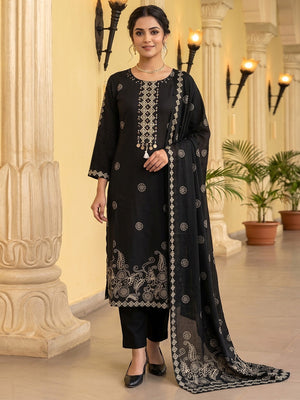 Elegant Black Pure Cotton Embroidered Straight Cut Salwar Suit Set - Image 1
